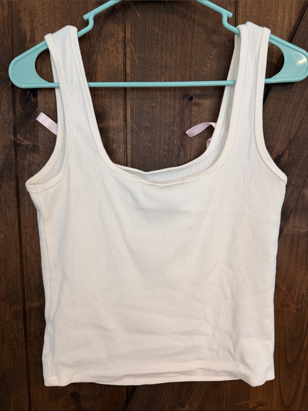 Forever 21 White Ribbed Tank with Pink Ribbon Straps - Picture 2 of 2
